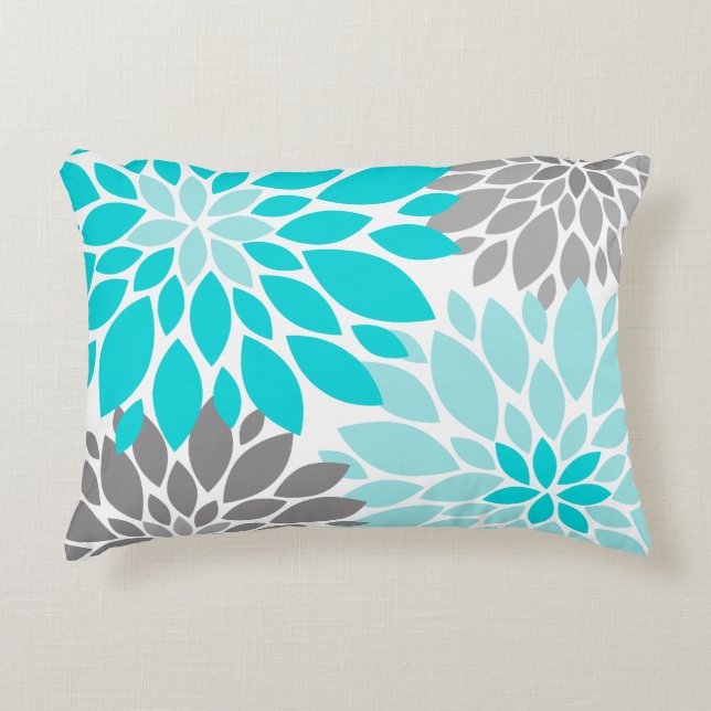 Turquoise and Grey Chrysanthemums Floral Pattern Decorative Pillow (Front)