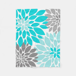 Turquoise and Grey Chrysanthemums Floral Pattern Fleece Blanket