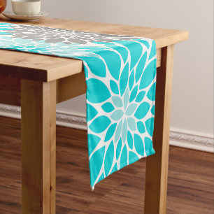 Turquoise and Grey Chrysanthemums Floral Pattern Short Table Runner