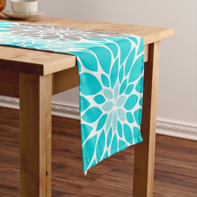Turquoise and Grey Chrysanthemums Floral Pattern Short Table Runner (In Situ)