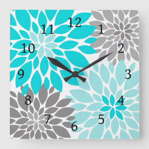 Turquoise and Grey Chrysanthemums Floral Pattern Square Wall Clock
