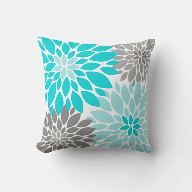 Turquoise and Grey Chrysanthemums Floral Pattern Throw Pillow (Front)