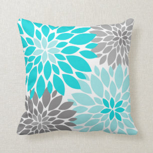 Turquoise and Grey Chrysanthemums Floral Pattern Throw Pillow