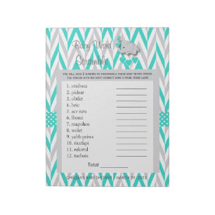 Turquoise and Grey Elephant Baby Shower Game Notepad