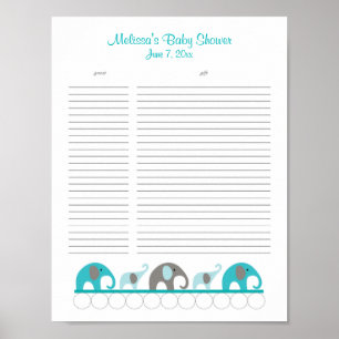 Turquoise and Grey Elephants Baby Shower Gift List Poster