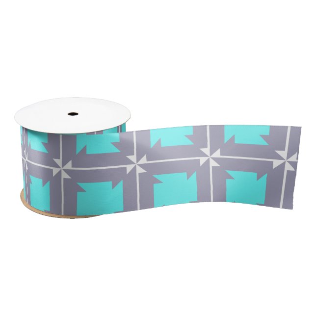 Turquoise and Grey Geometric Pattern Satin Ribbon (Spool)