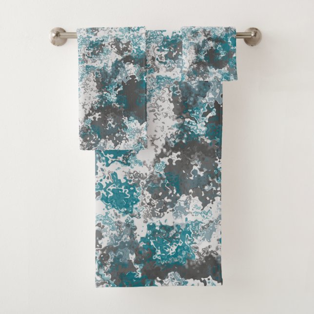 Turquoise and Grey Marbled Abstract Throw Pillow Bath Towel Set (Insitu)