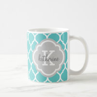 Turquoise and Grey Moroccan Quatrefoil Monogram
