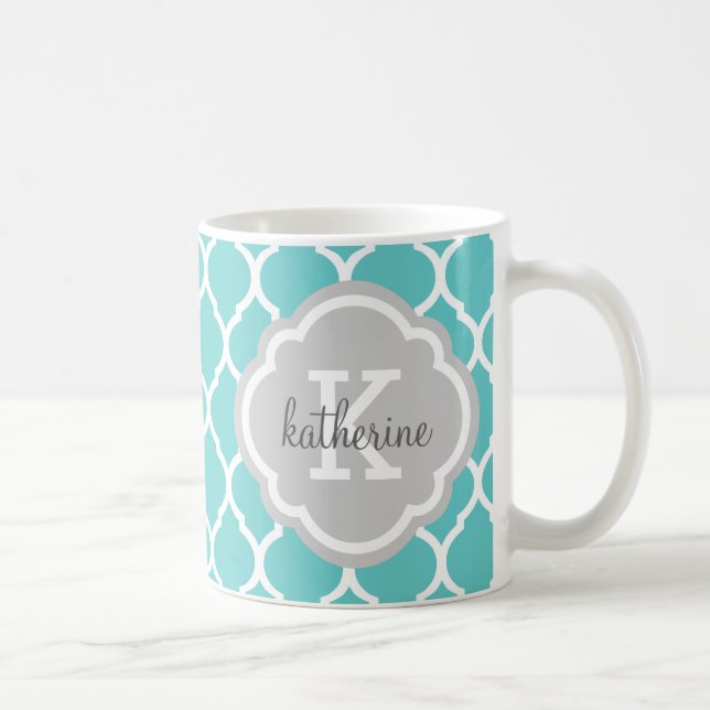 Turquoise and Grey Moroccan Quatrefoil Monogram Coffee Mug (Right)