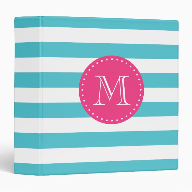 Turquoise and Hot Pink Stripes Custom Monogram Binder (Front/Spine)