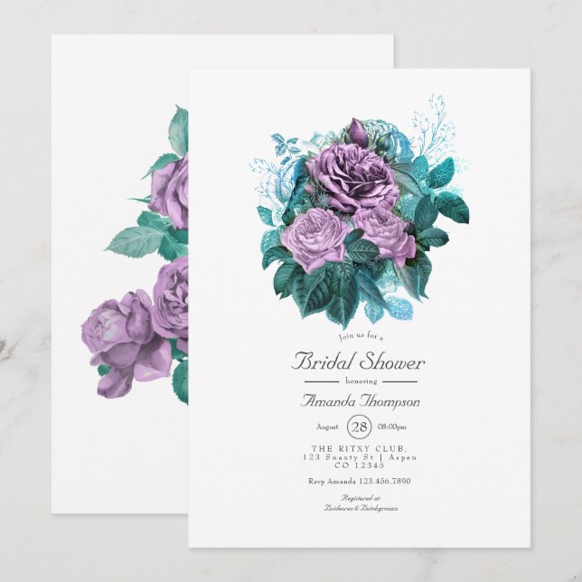 Turquoise and Lavender Floral Bridal Shower Invitation (Front/Back)