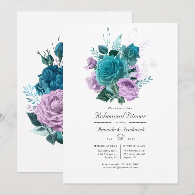 Turquoise and Lavender Floral Rehearsal Dinner Invitation (Front/Back)