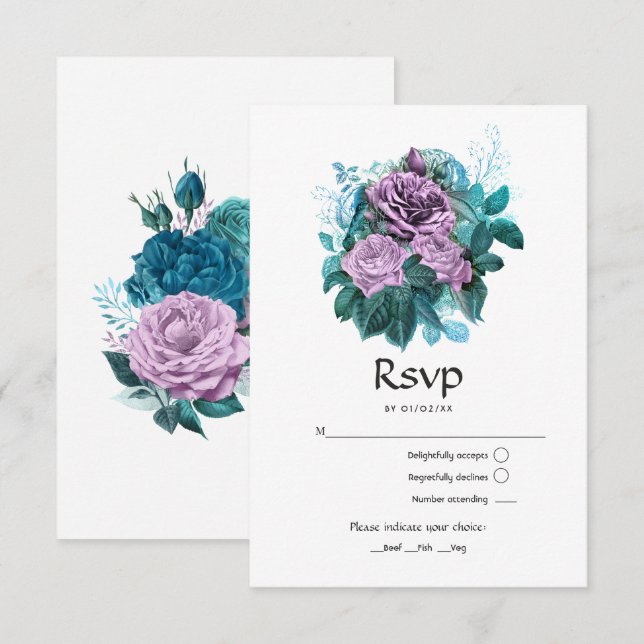 Turquoise and Lavender Floral Wedding RSVP Card (Front/Back)