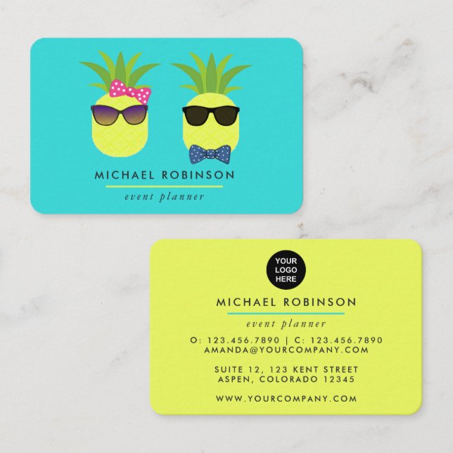 Turquoise and Lemon fun pineapples Event Planner B Business Card (Front/Back)