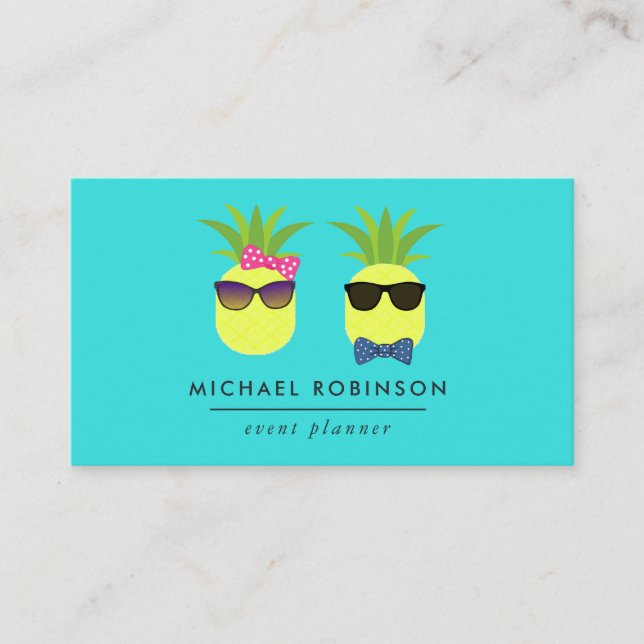 Turquoise and Lemon fun pineapples Event Planner Business Card (Front)