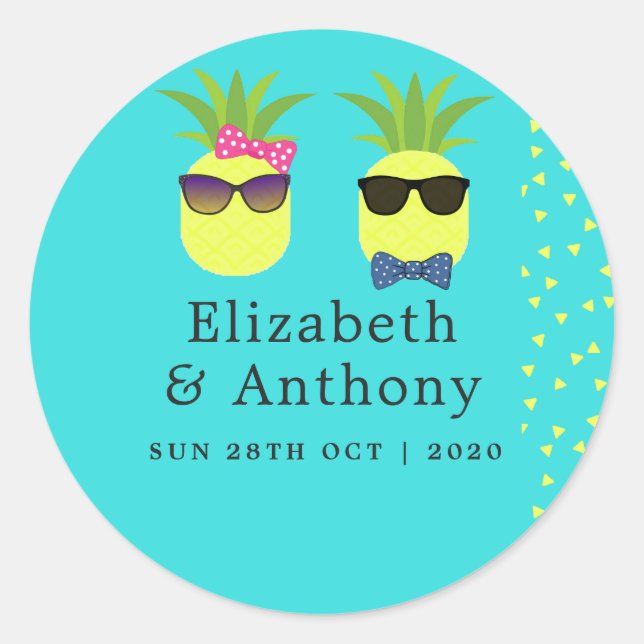 Turquoise and Lemon Summer Beach Wedding Classic Round Sticker (Front)