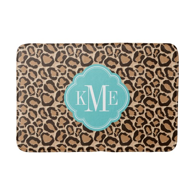 Turquoise and Leopard Print Custom Monogram Bath Mat (Front)
