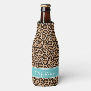 Turquoise and Leopard Print Custom Monogram Bottle Cooler