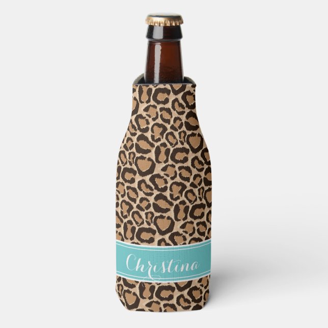 Turquoise and Leopard Print Custom Monogram Bottle Cooler (Bottle Front)