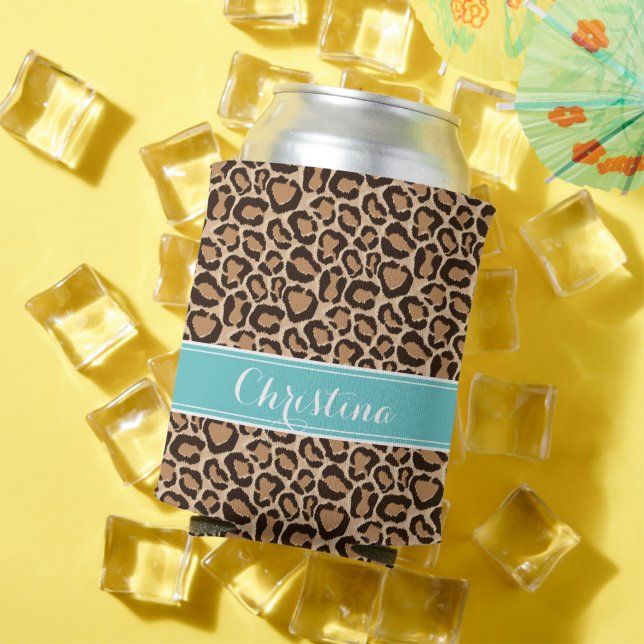 Turquoise and Leopard Print Custom Monogram Can Cooler (In Situ Summer)