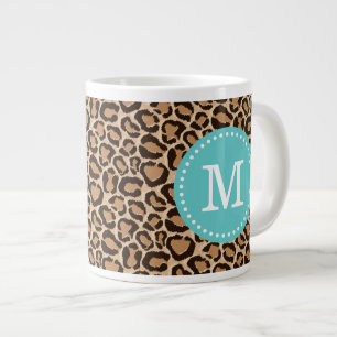 Turquoise and Leopard Print Custom Monogram Large Coffee Mug