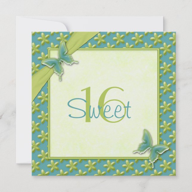 Turquoise and Lime Butterfly Sweet Sixteen Invite (Front)