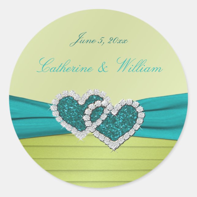 Turquoise and Lime Glitter Heart Round Sticker (Front)