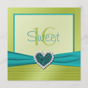 Turquoise and Lime Glitter Heart Sweet Sixteen Invitation