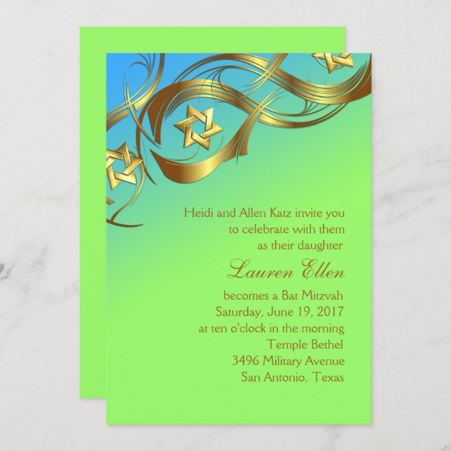 Turquoise and Lime Gold Stars Flourish Invitation (Front/Back)