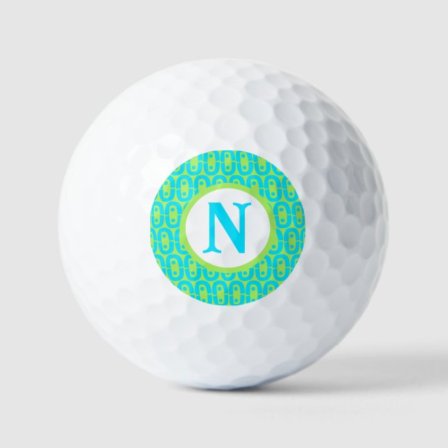 Turquoise and Lime Green Geometric Pattern Golf Balls (Front)