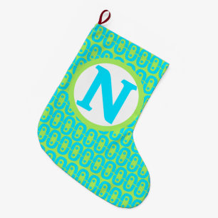 Turquoise and Lime Green Geometric Pattern Large Christmas Stocking