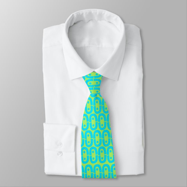 Turquoise and Lime Green Geometric Pattern Tie (Tied)