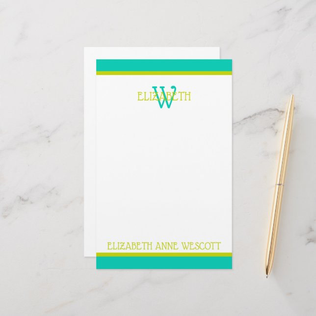 Turquoise and Lime Green Monogram Stationery (Front/Back In Situ)