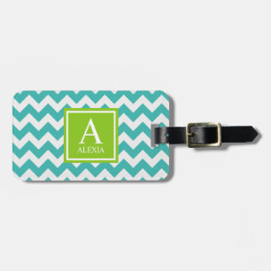 Turquoise and Lime Monogram Chevron Print Luggage Tag