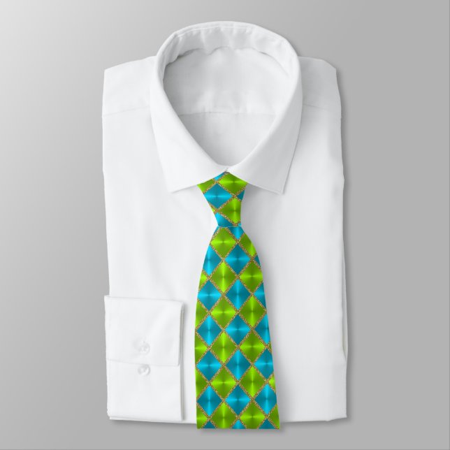 Turquoise and Lime with Gold Squares Tie (Tied)