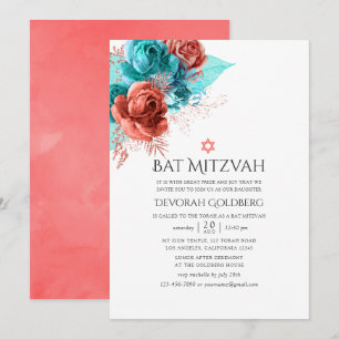 Turquoise and Living Coral Floral Bat Mitzvah Invitation