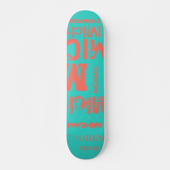Turquoise and Living Coral Grunge Word Cloud Skateboard (Front)