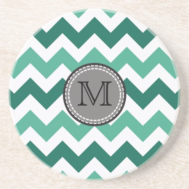 Turquoise and Mint Chevron Zigzag Monogram Coaster (Front)