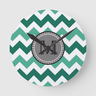 Turquoise and Mint Chevron Zigzag Monogram Round Clock