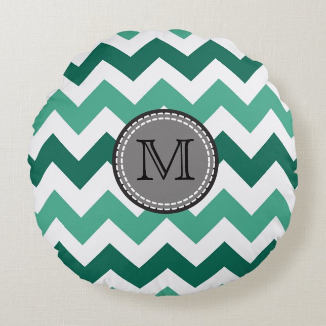 Turquoise and Mint Chevron Zigzag Monogram Round Pillow (Front)