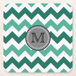 Turquoise and Mint Chevron Zigzag Monogram Square Paper Coaster
