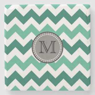 Turquoise and Mint Chevron Zigzag Monogram Stone Coaster