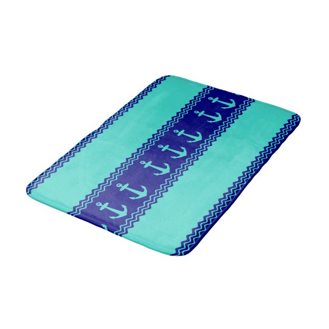 Turquoise And Navy Blue Coastal Pattern Anchors Bath Mat (Angled)