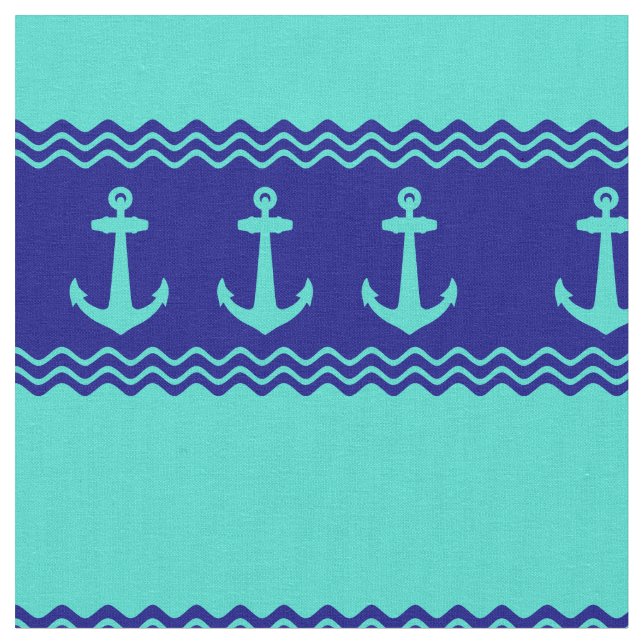 Turquoise And Navy Blue Coastal Pattern Anchors Fabric (Close Up)