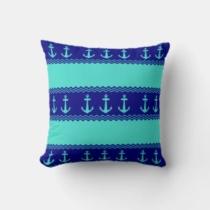 Turquoise And Navy Blue Coastal Pattern Anchors Throw Pillow