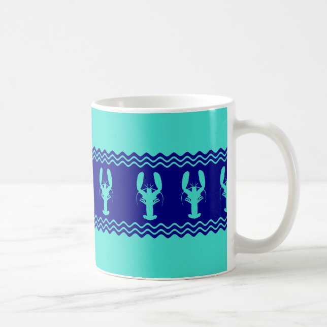 Turquoise and Navy Blue Coastal Pattern Lobster Coffee Mug (Right)