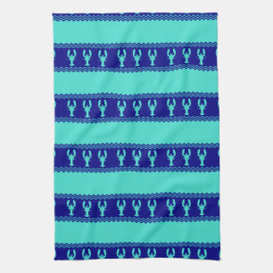 Turquoise and Navy Blue Coastal Pattern Lobster Kitchen Towel
