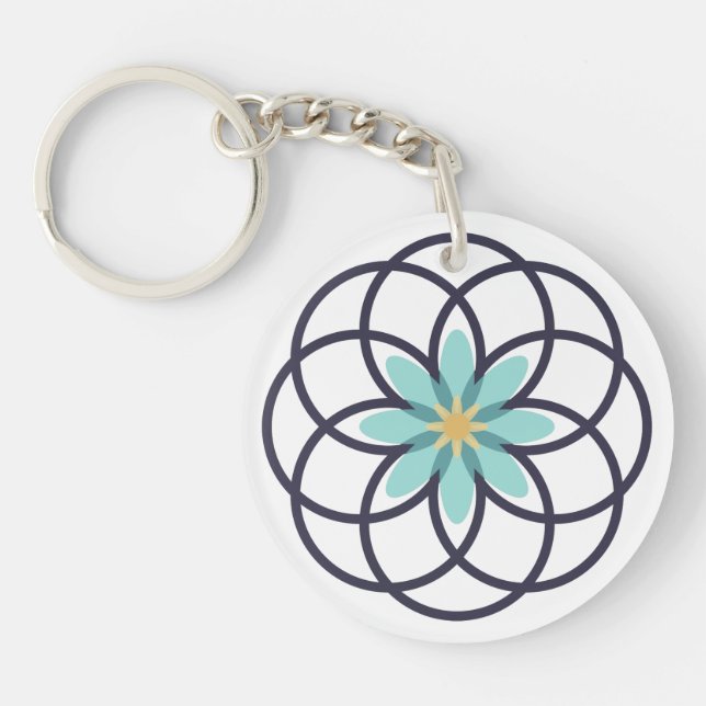 Turquoise and Navy Blue Flower Design Acrylic Keychain (Front)