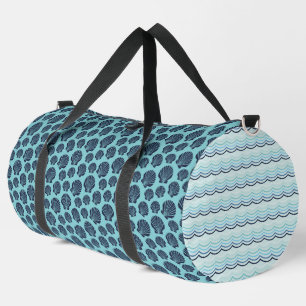 TURQUOISE AND NAVY BLUE SEASHELLS & WAVES DUFFLE BAG