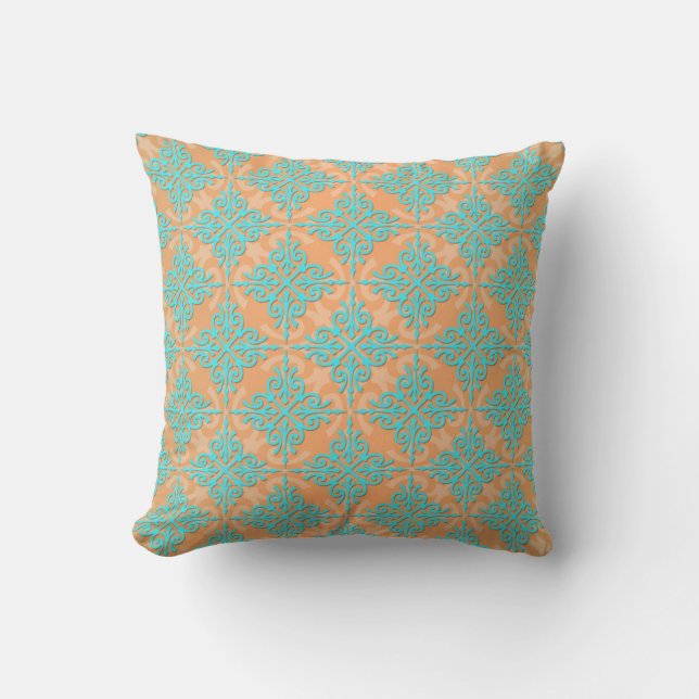 Turquoise and Orange Damask Pattern Throw Pillow (Front)